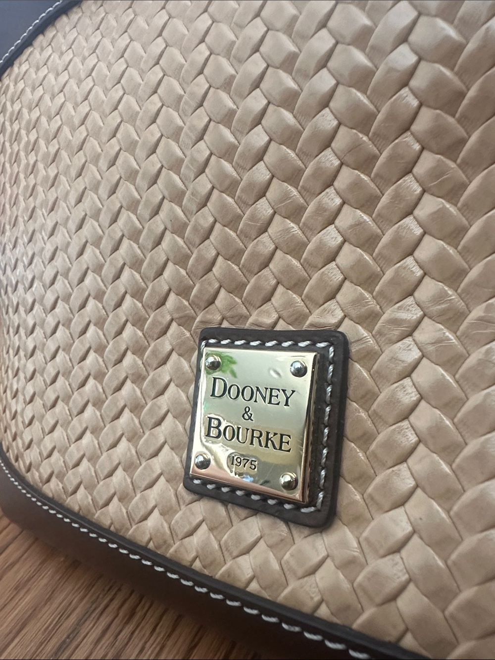 Dooney & Bourke Brown and Tan Woven Satchel With Gold Plaque - Picture 2 of 16